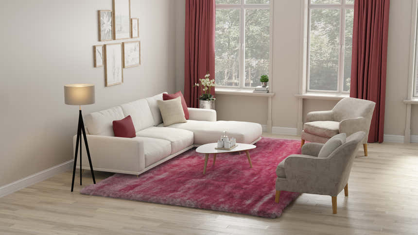 Living room scene with a Feizy Indochine blush pink rug, white sofa, armchairs, and pink curtains. Roomscene-Rectangle