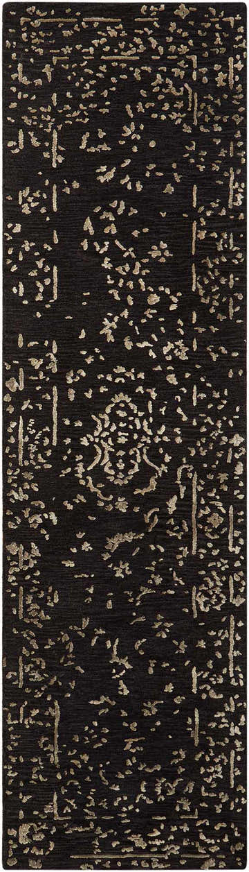 Close-up of Nourison Opaline Midnight/Silver rug. Vintage design with silver accents on a dark midnight background.