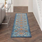 Hallway with Nourison Passion Blue Multicolor Bohemian Runner Rug on dark wood floors.