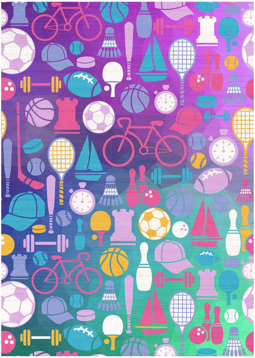Purple Nourison Imagination rug close-up with sports and game icons: soccer ball, bicycle, tennis racket, and more.