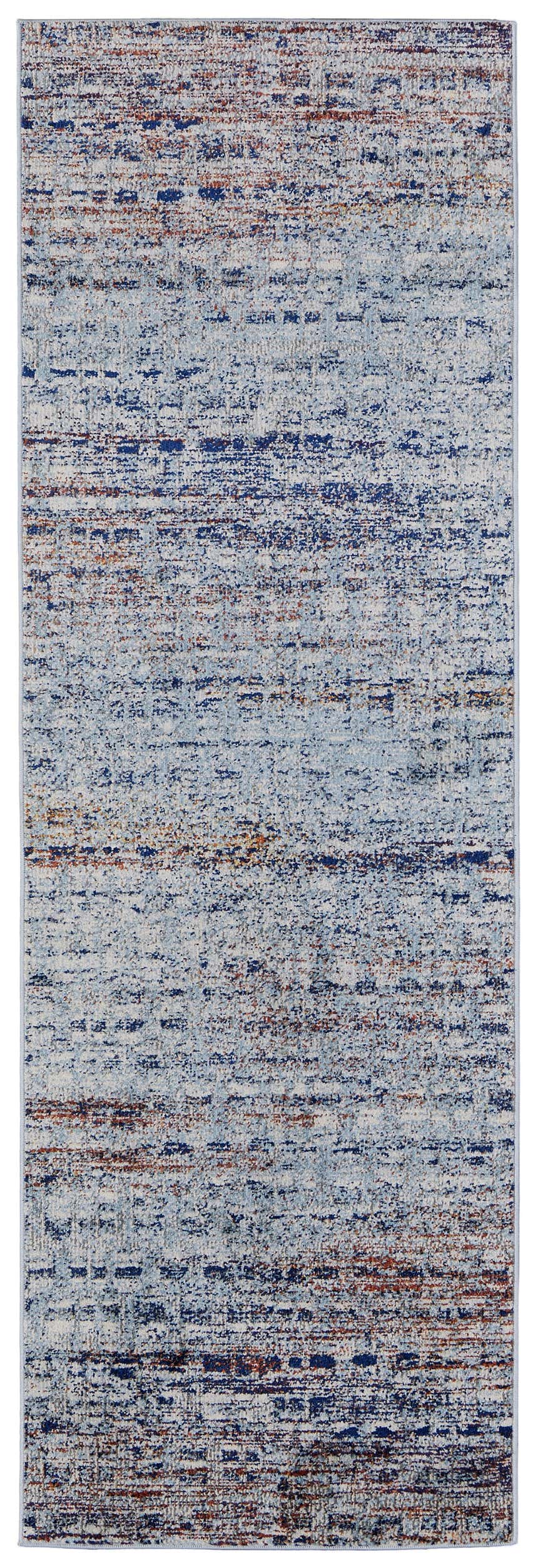 Feizy Edgemont rug, abstract design in blue, ivory, and orange. Modern runner rug with casual style and subtle texture. Design-Runner-38