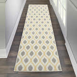 Hallway with Nourison Grafix White runner rug. Contemporary style, off-white, gray, and yellow geometric pattern.