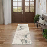 Entryway with wood floors, bench, and Nourison Desire Ivory Grey Blue Rug runner.