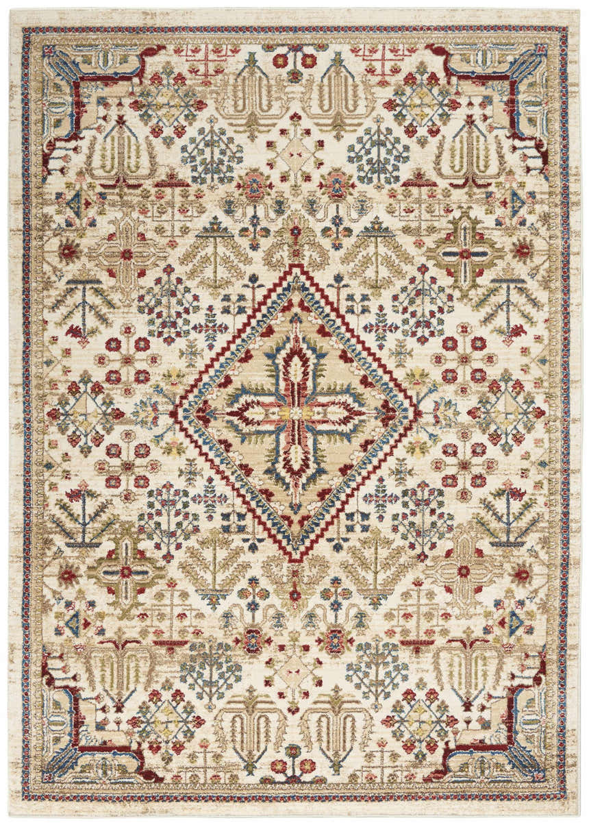 Close-up of the Nourison Karisma Ivory rug. Farmhouse style with chestnut, red, and blue floral and geometric patterns.