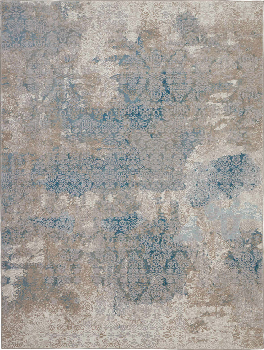 Close-up of the Nourison Karma Ivory/Light Blue Vintage Area Rug, featuring chestnut, floral patterns, and distressed texture.