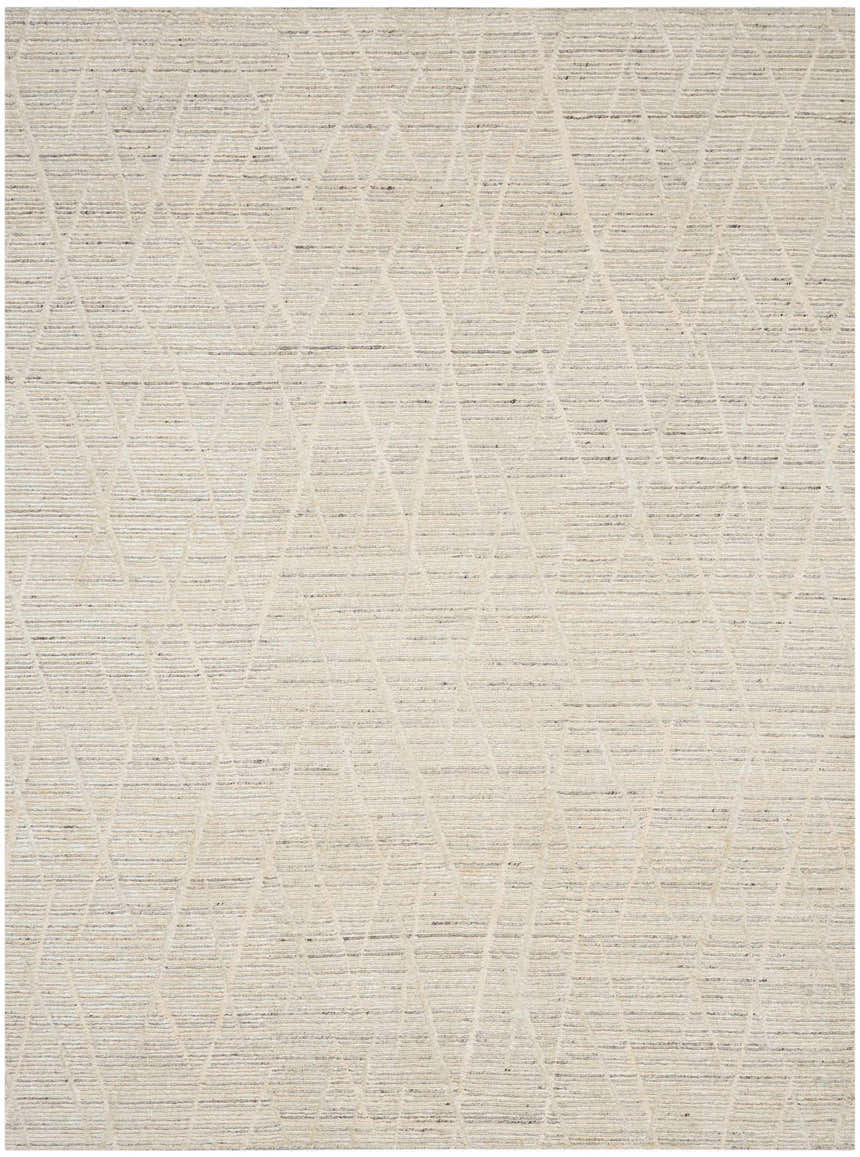 Close-up of Nourison OCEAN Pearl rug. Handmade, mid-century modern style with geometric diamond pattern and subtle pearl tones.