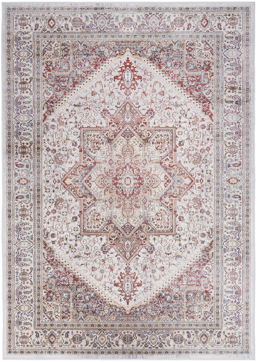 Detailed ivory and red floral pattern on a Nourison Vintage Home area rug. Bohemian style, rectangle shape.