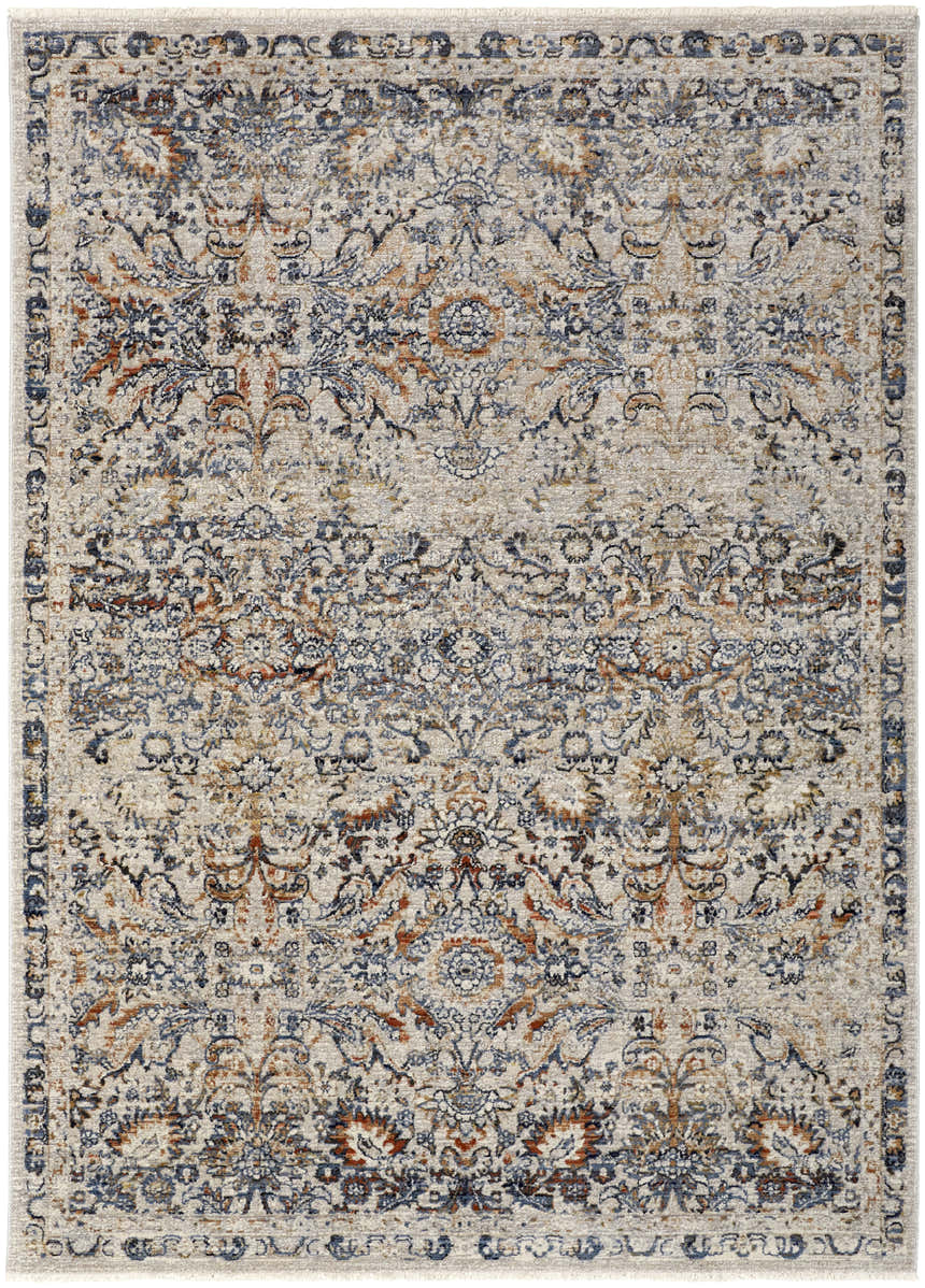 Close-up of Feizy Kaia Transitional Damask Area Rug in Tan, Blue, and Orange. Vintage style with a detailed floral pattern. Design-Rectangle