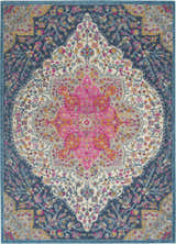 Close-up of Nourison Passion Multicolor Farmhouse Indoor Area Rug. Features pink, blue, and floral medallion design.
