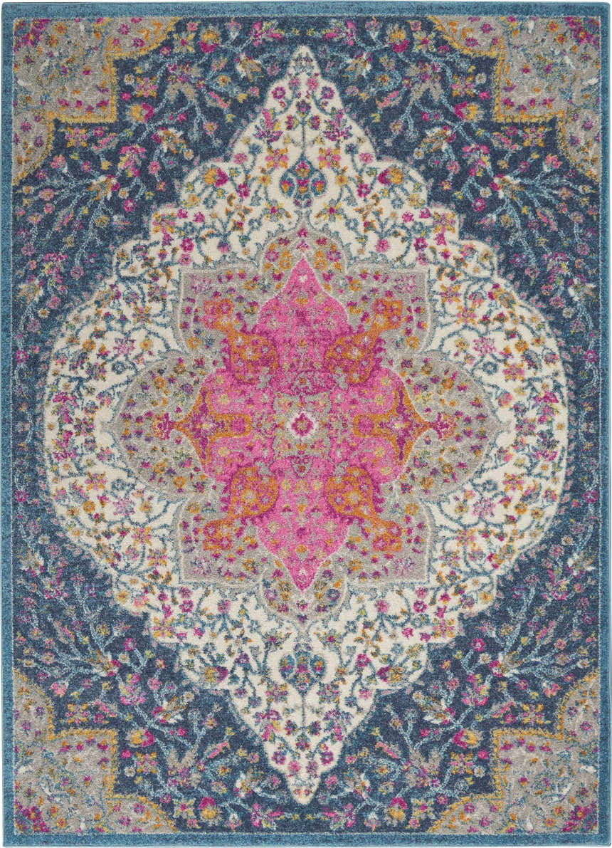 Close-up of Nourison Passion Multicolor Farmhouse Indoor Area Rug. Features pink, blue, and floral medallion design.