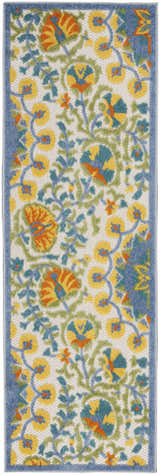 Close-up of Nourison Aloha Multicolor rug. Floral pattern in yellow, orange, teal, and green on a cream background with blue border.