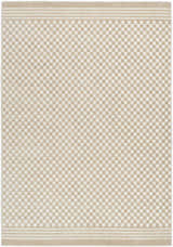 Close-up of Nourison Care Free Beige rug with a subtle checkerboard pattern and striped border. Mid-century modern style.