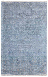 Close-up of the Feizy Caldwell rug. Blue and gray distressed pattern with a casual, transitional style. Hand-woven wool and viscose. Design-Rectangle