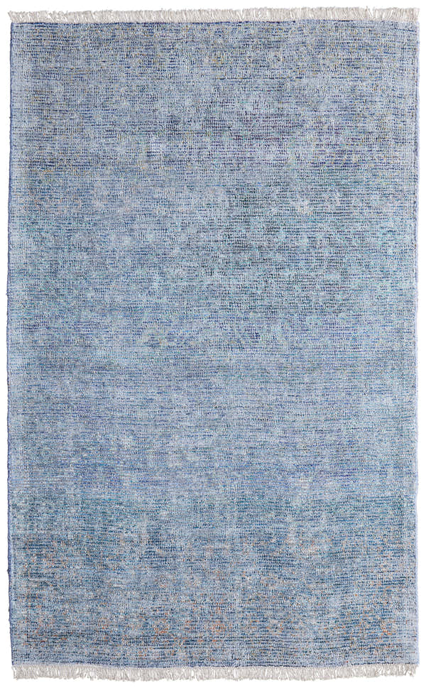 Close-up of the Feizy Caldwell rug. Blue and gray distressed pattern with a casual, transitional style. Hand-woven wool and viscose. Design-Rectangle