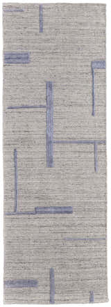 Close-up of Feizy Longridge rug. Ivory background with a modern blue geometric line pattern. Hand woven wool and viscose. Design-Runner
