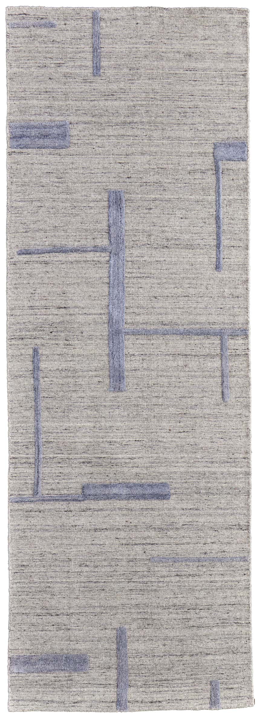 Close-up of Feizy Longridge rug. Ivory background with a modern blue geometric line pattern. Hand woven wool and viscose. Design-Runner