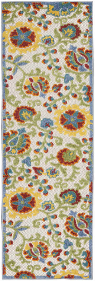 Close-up of the Nourison Aloha Ivory Multicolor rug. Features chestnut, yellow, blue, and green floral farmhouse design.