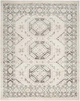 Close-up of Nourison Serenity Home Ivory Grey rug with vintage geometric pattern and high pile texture.