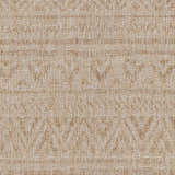 Close-up of the Vanderhoof Indoor & Outdoor Rug, showcasing its mocha and light peach bohemian pattern and woven texture. Texture