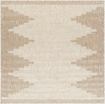 Close-up of the Djugun Beige Indoor & Outdoor Rug, featuring a geometric, Southwestern-inspired pattern in beige and bone hues. Design-Square-67