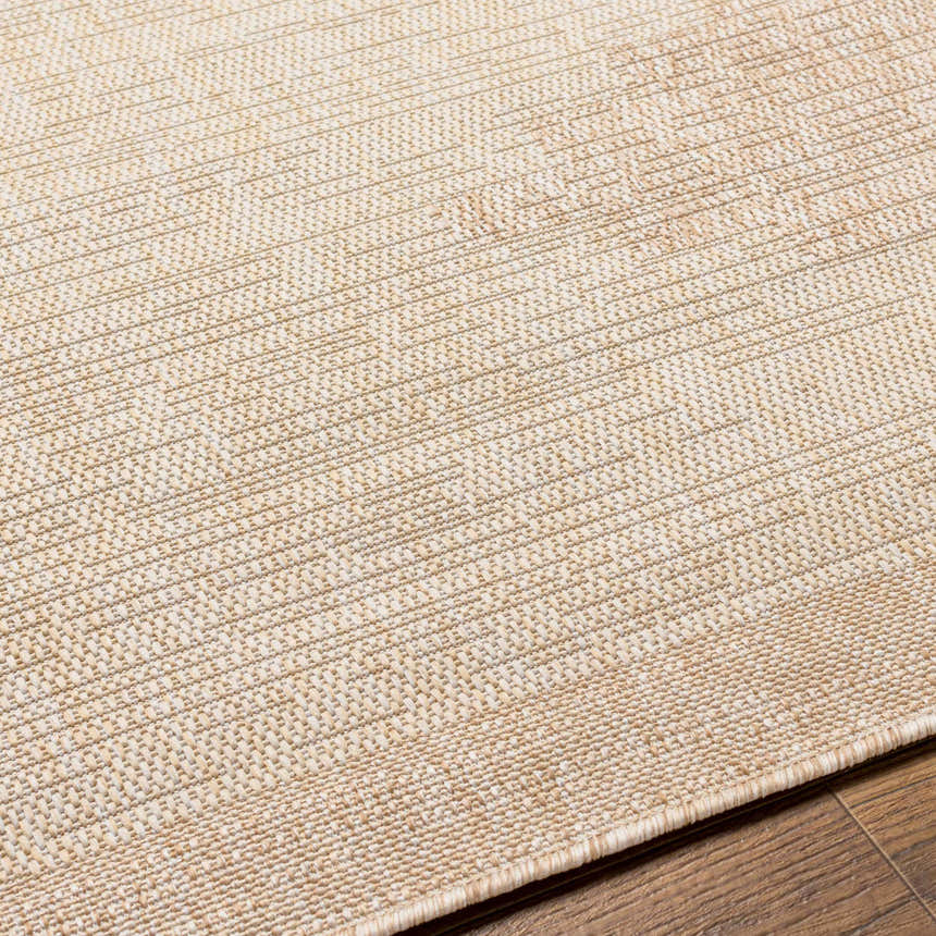 Close-up of the Djugun Beige Indoor & Outdoor Rug. Shows woven texture and subtle geometric pattern in beige and bone. Texture