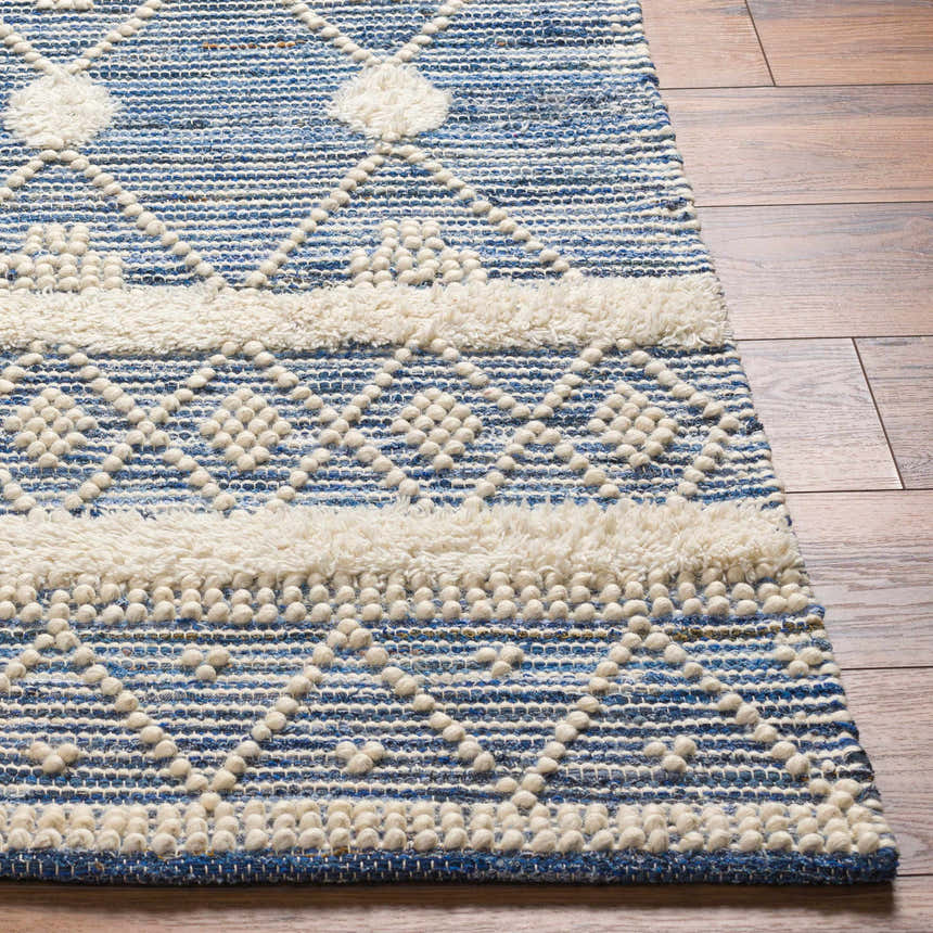 Close up of the hand woven Eben Area Carpet. Features a blue and off white bohemian pattern. Front