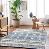 Living room scene with blue Eben Area Carpet, wood furniture, and large potted plant. Bohemian style rug. Roomscene-Rectangle