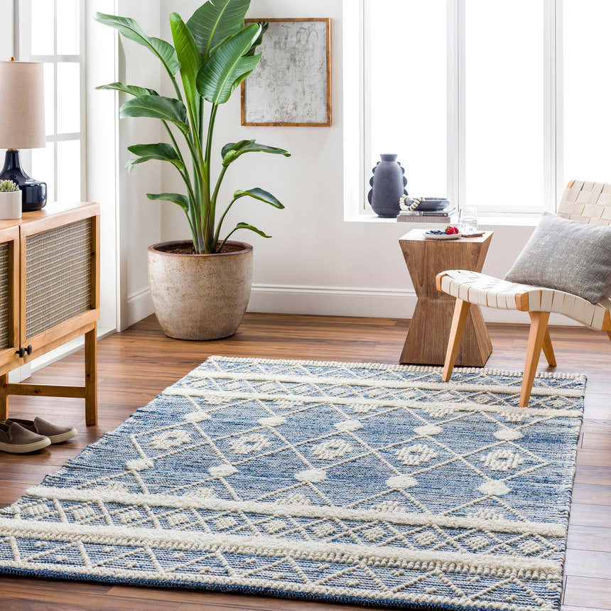 Living room scene with blue Eben Area Carpet, wood furniture, and large potted plant. Bohemian style rug. Roomscene-Rectangle