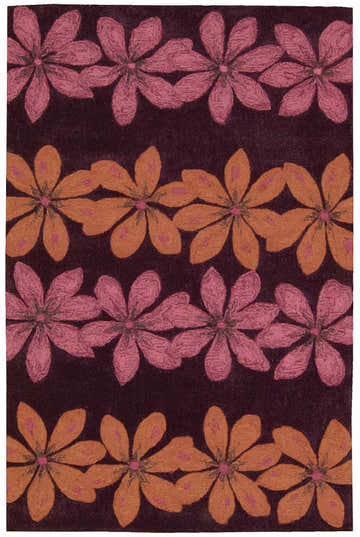 Close-up of Nourison Contour Plum rug with a dark purple background and rows of pink and orange flower patterns.