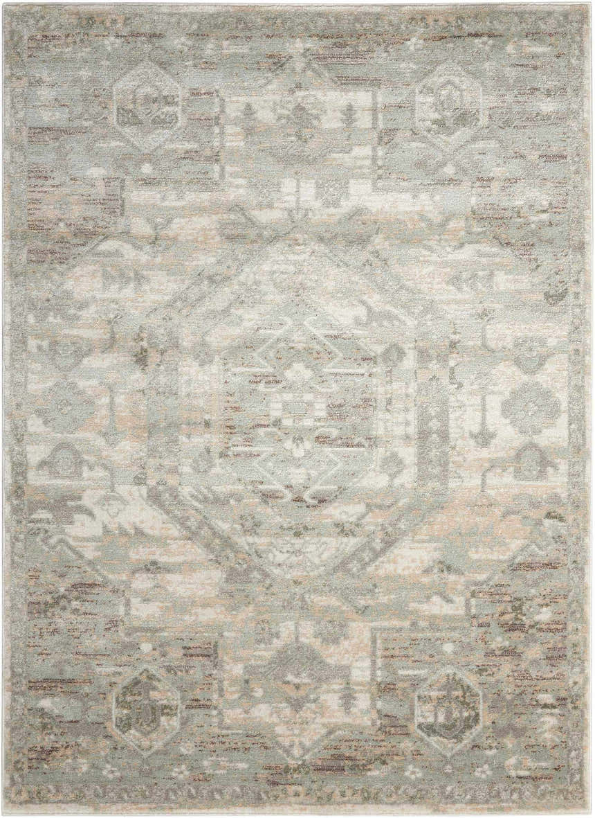 Close-up of the Nourison Euphoria Ivory Persian rug. Features a chestnut, gray, and ivory traditional pattern.