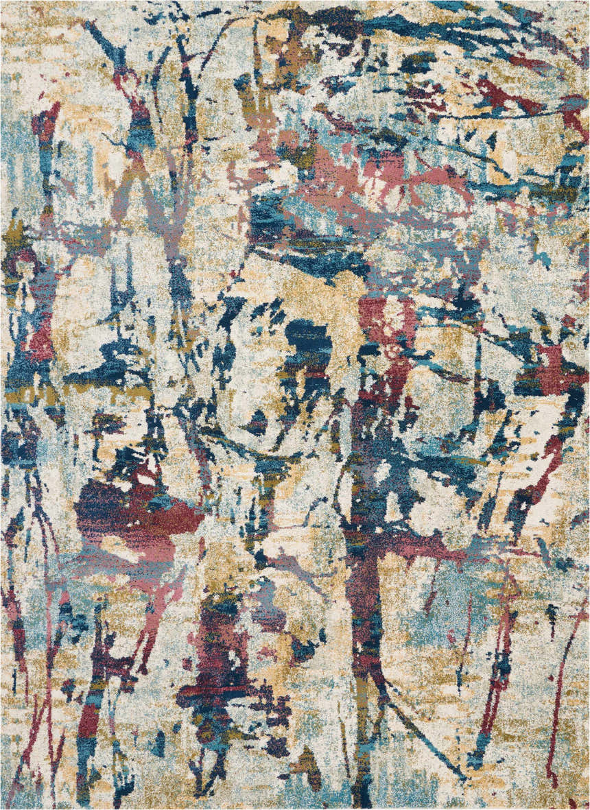 Close-up of Nourison Fusion Cream Multicolor rug. Abstract pattern in cream, blue, gold, and red. Mid-century modern style.