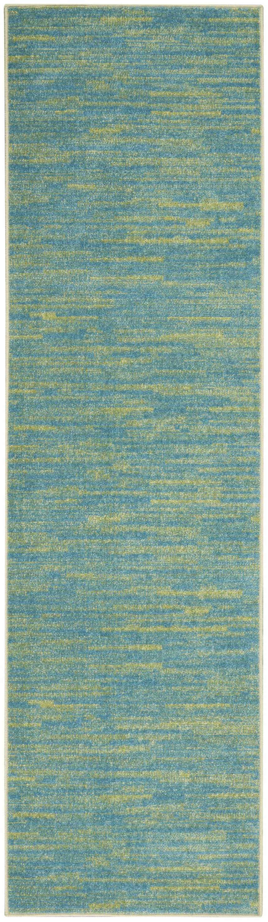 Close-up of the Nourison Essentials Blue Green Outdoor Area Rug, featuring a subtle horizontal pattern in shades of blue and green.