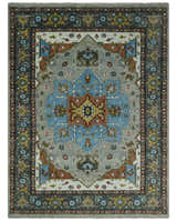 Traditional Heriz Blue, silver, Charcoal and Ivory Hand Knotted  wool Area Rug