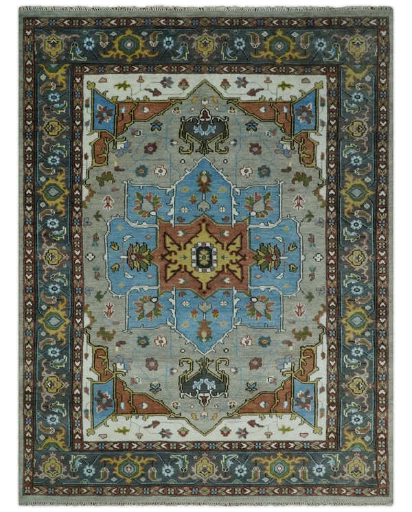 Traditional Heriz Blue, silver, Charcoal and Ivory Hand Knotted  wool Area Rug