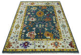 Traditional Floral Teal, Ivory and Mustard Hand Knotted Oriental Oushak wool Area Rug