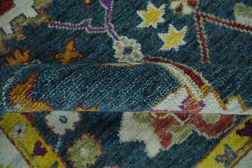 Traditional Floral Teal, Ivory and Mustard Hand Knotted Oriental Oushak wool Area Rug