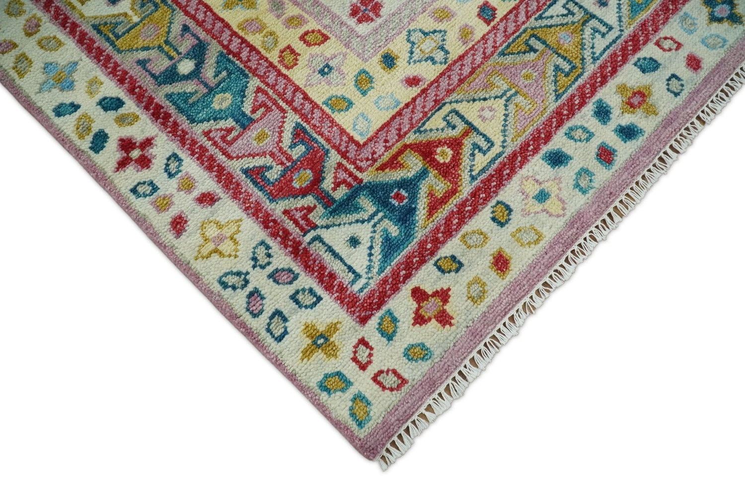 Eclectic Vibrant Colorful Ivory, Teal, Gold and Maroon Traditional boteh design Hand knotted Multi Size wool Area Rug