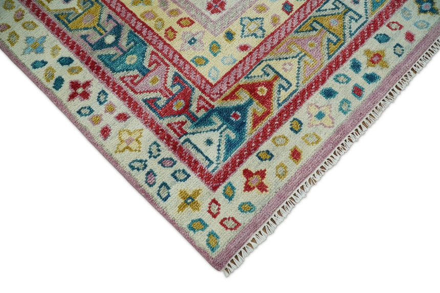 Eclectic Vibrant Colorful Ivory, Teal, Gold and Maroon Traditional boteh design Hand knotted Multi Size wool Area Rug