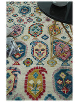 Eclectic Vibrant Colorful Ivory, Teal, Gold and Maroon Traditional boteh design Hand knotted Multi Size wool Area Rug