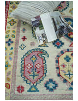 Eclectic Vibrant Colorful Ivory, Teal, Gold and Maroon Traditional boteh design Hand knotted Multi Size wool Area Rug