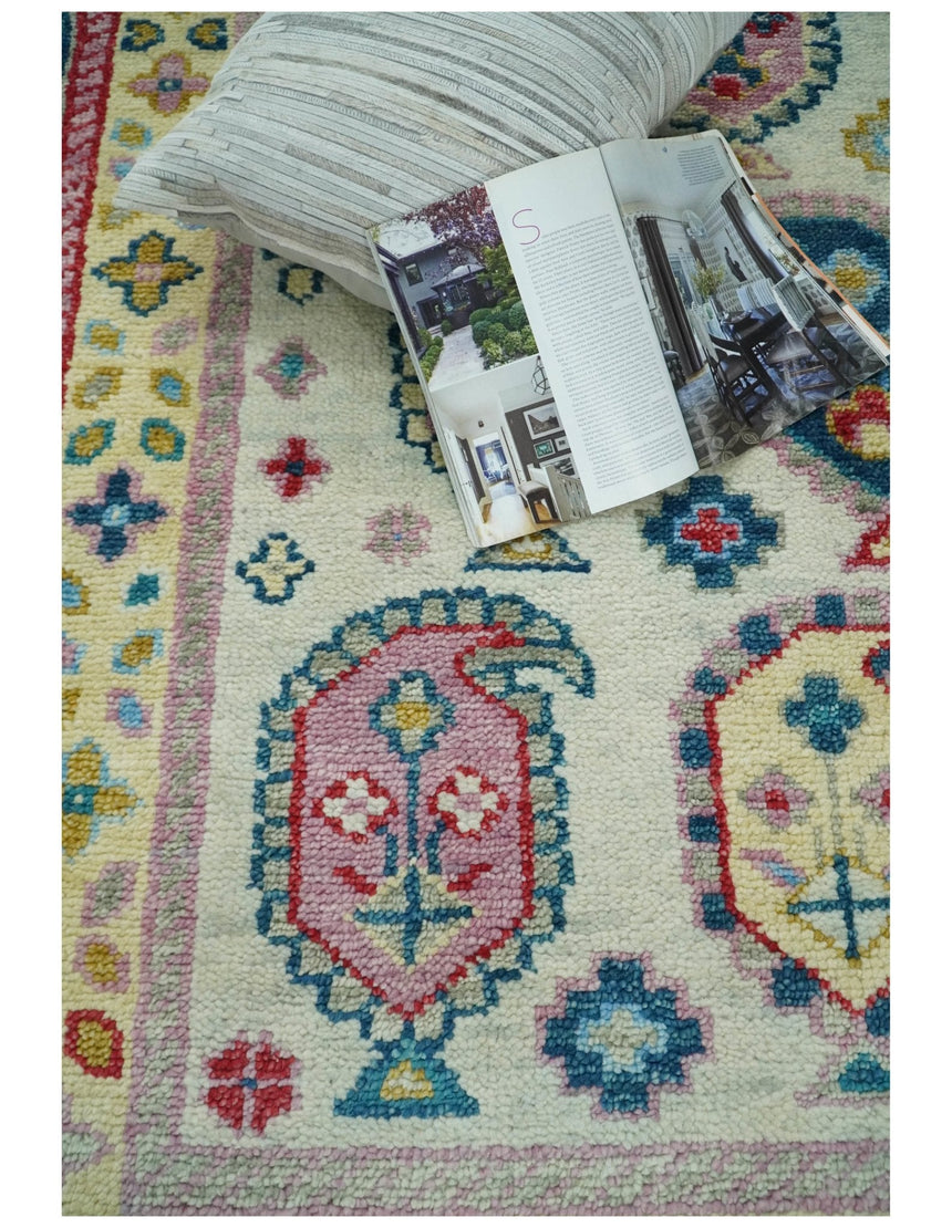 Eclectic Vibrant Colorful Ivory, Teal, Gold and Maroon Traditional boteh design Hand knotted Multi Size wool Area Rug