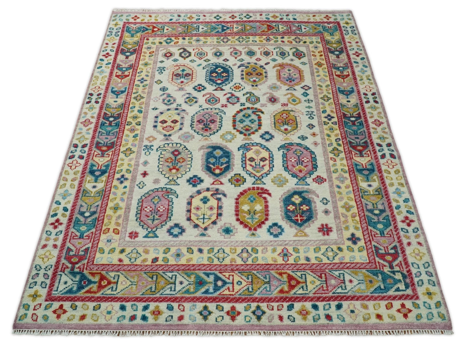 Eclectic Vibrant Colorful Ivory, Teal, Gold and Maroon Traditional boteh design Hand knotted Multi Size wool Area Rug