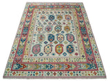 Eclectic Vibrant Colorful Ivory, Teal, Gold and Maroon Traditional boteh design Hand knotted Multi Size wool Area Rug