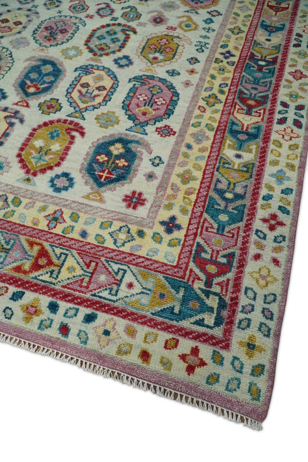 Eclectic Vibrant Colorful Ivory, Teal, Gold and Maroon Traditional boteh design Hand knotted Multi Size wool Area Rug