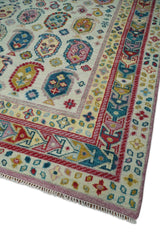 Eclectic Vibrant Colorful Ivory, Teal, Gold and Maroon Traditional boteh design Hand knotted Multi Size wool Area Rug
