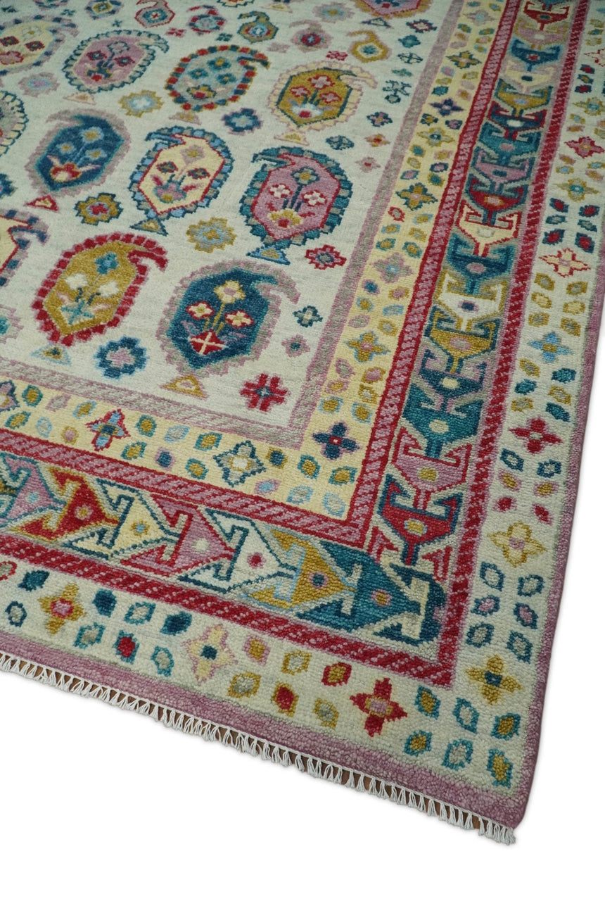 Eclectic Vibrant Colorful Ivory, Teal, Gold and Maroon Traditional boteh design Hand knotted Multi Size wool Area Rug