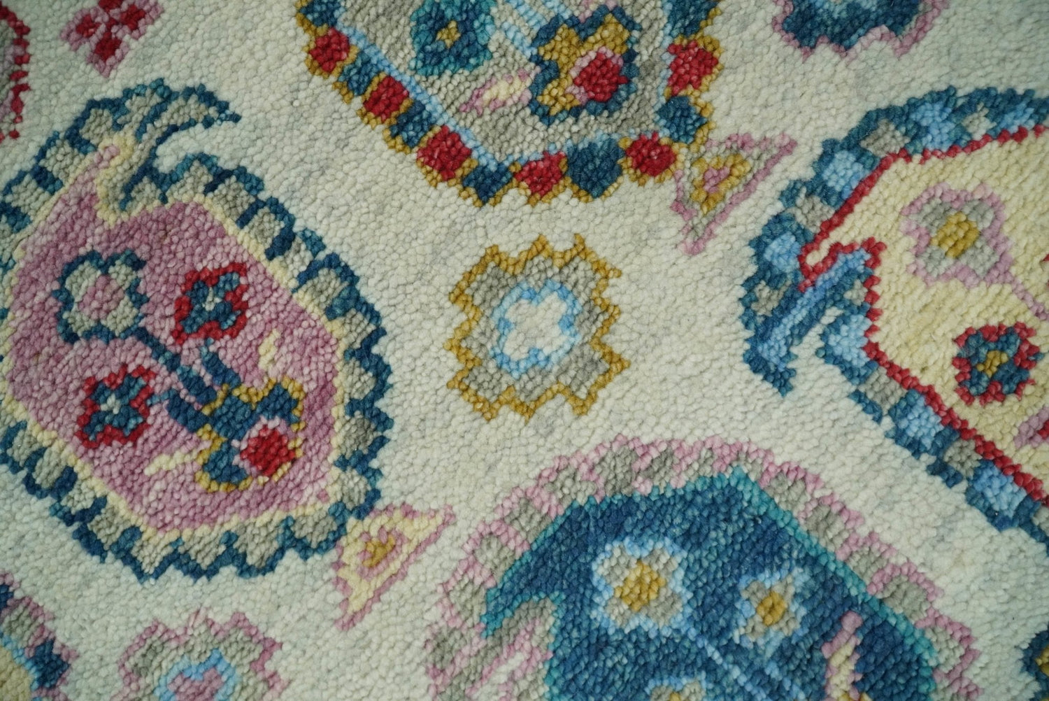 Eclectic Vibrant Colorful Ivory, Teal, Gold and Maroon Traditional boteh design Hand knotted Multi Size wool Area Rug