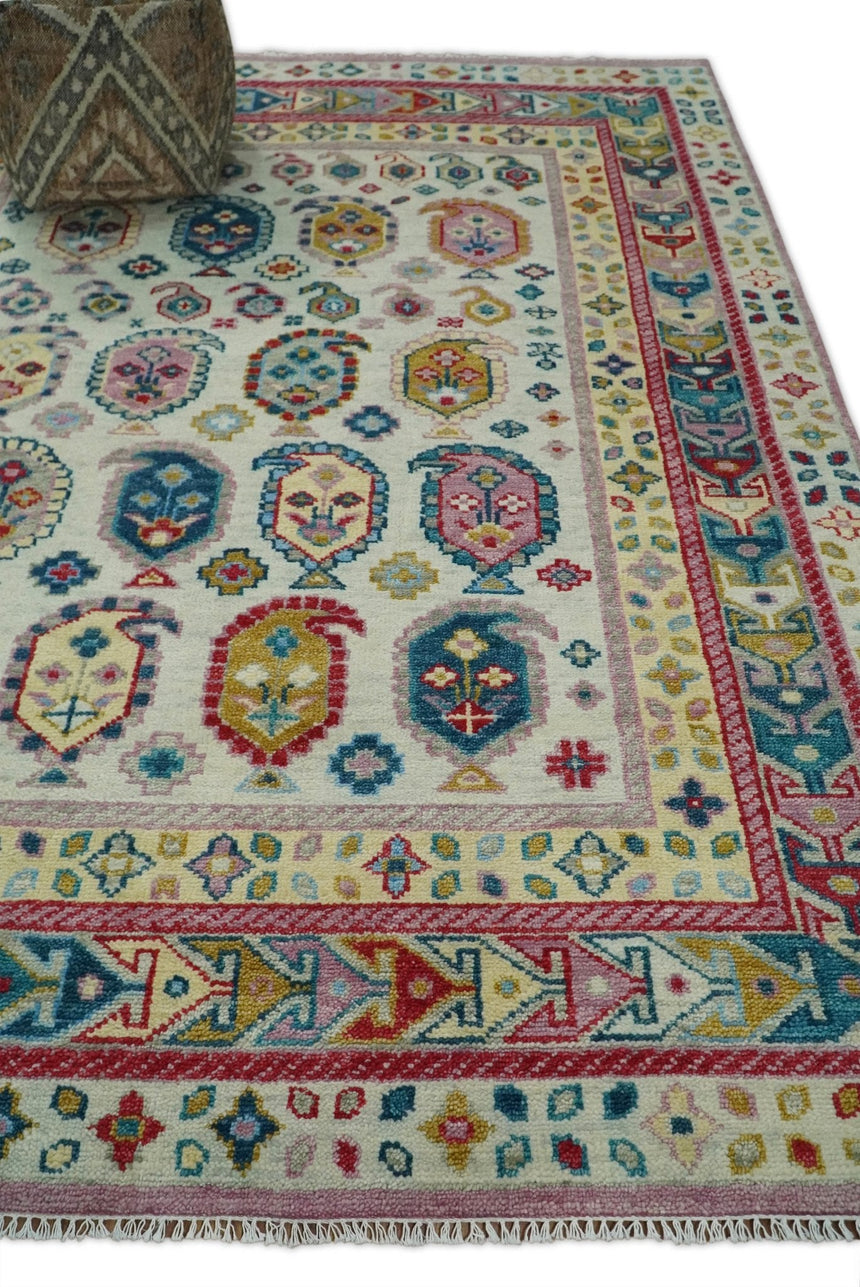 Eclectic Vibrant Colorful Ivory, Teal, Gold and Maroon Traditional boteh design Hand knotted Multi Size wool Area Rug