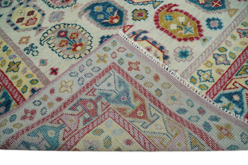 Eclectic Vibrant Colorful Ivory, Teal, Gold and Maroon Traditional boteh design Hand knotted Multi Size wool Area Rug