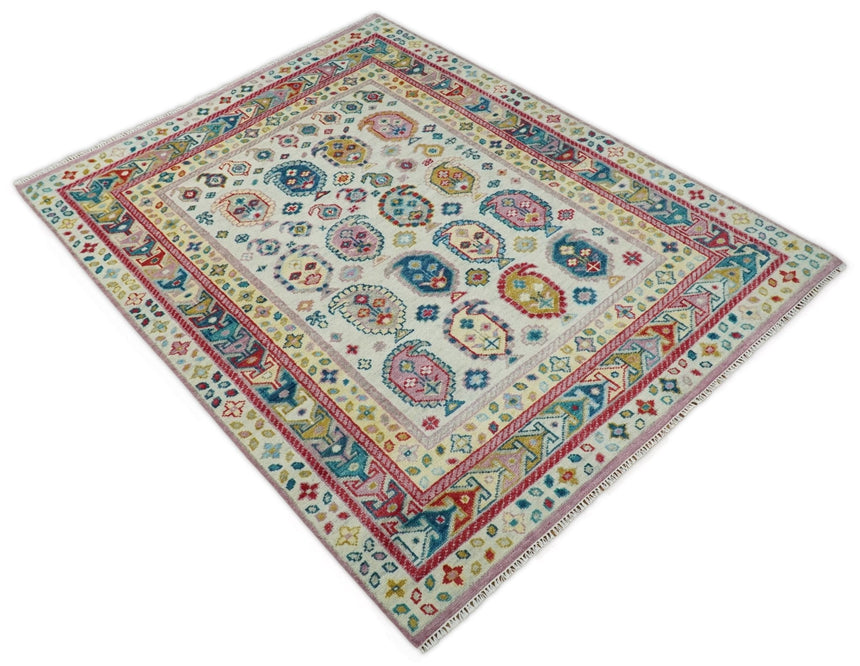 Eclectic Vibrant Colorful Ivory, Teal, Gold and Maroon Traditional boteh design Hand knotted Multi Size wool Area Rug